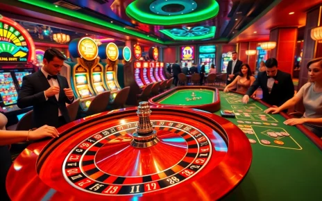 Kubet casino scene with players around a roulette wheel and vibrant slot machines.